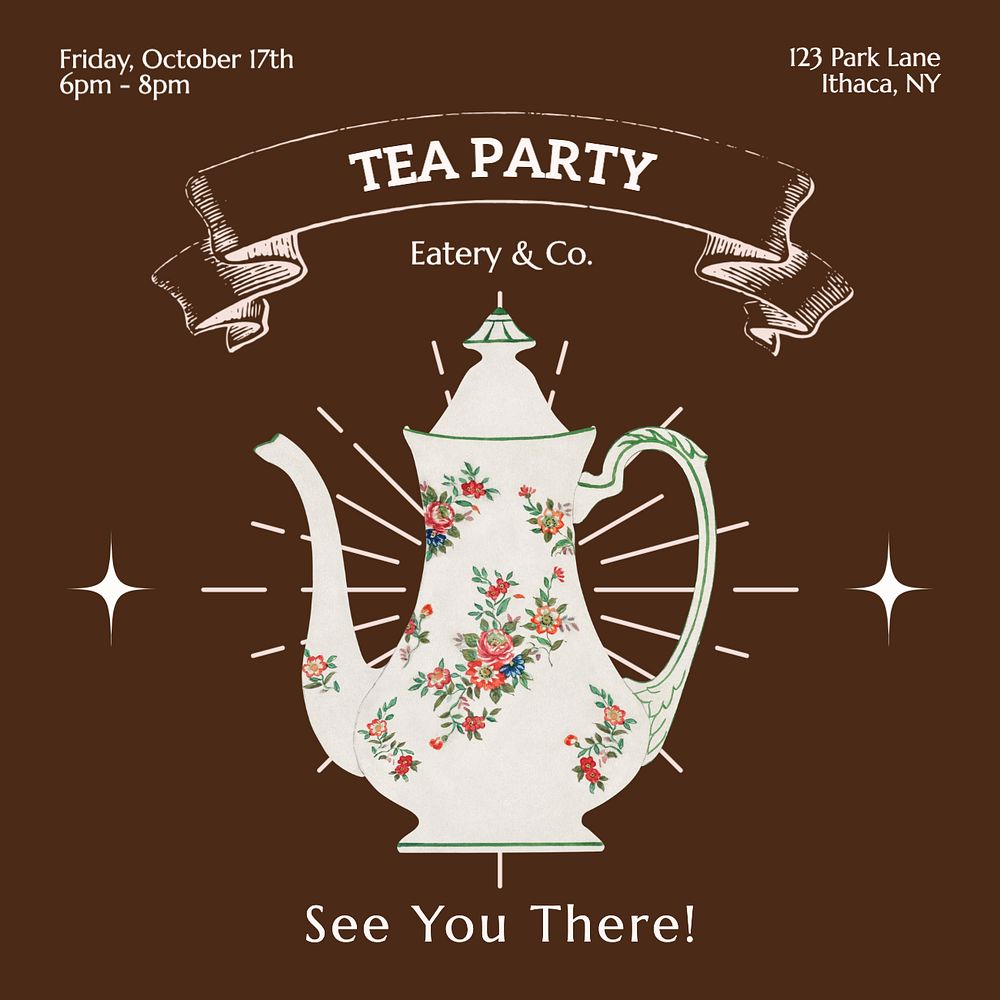 Tea party invitation Instagram post template, editable text