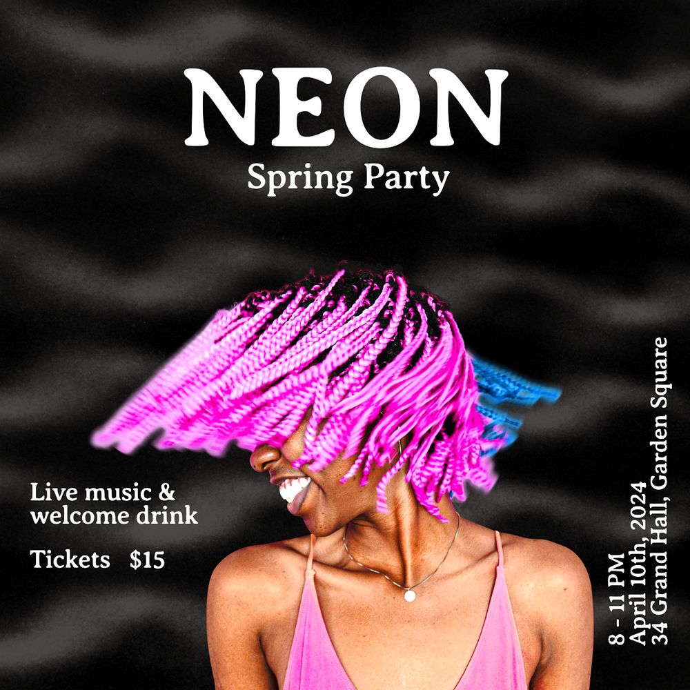 Neon spring party Instagram post template, editable text