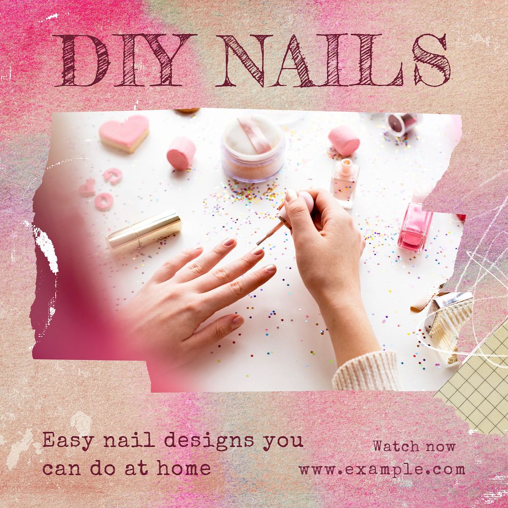 DIY nails post template, editable text for social media