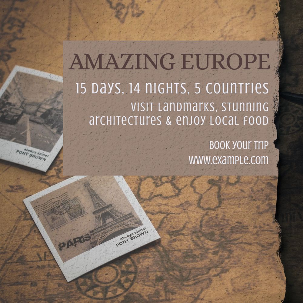 Europe trip  Instagram post template, editable text