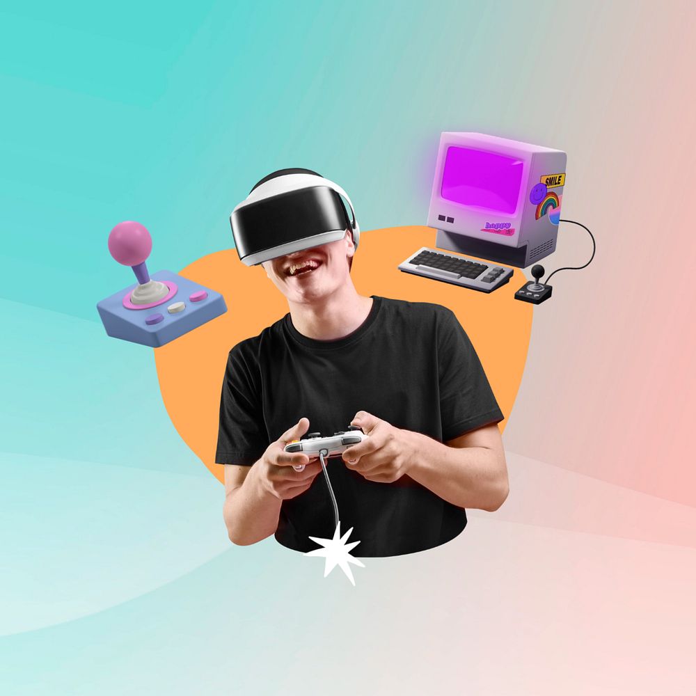 Man playing VR game, creative  editable remix