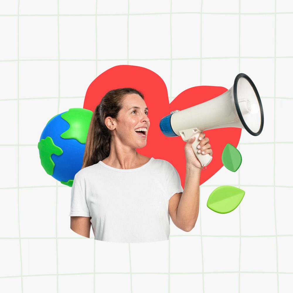 Woman activist holding megaphone, environment  editable remix