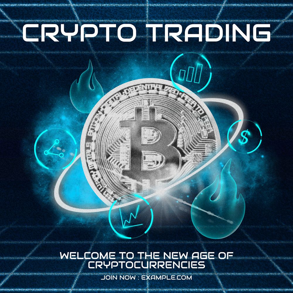 Cryptocurrency trading Facebook post template, editable retro future design