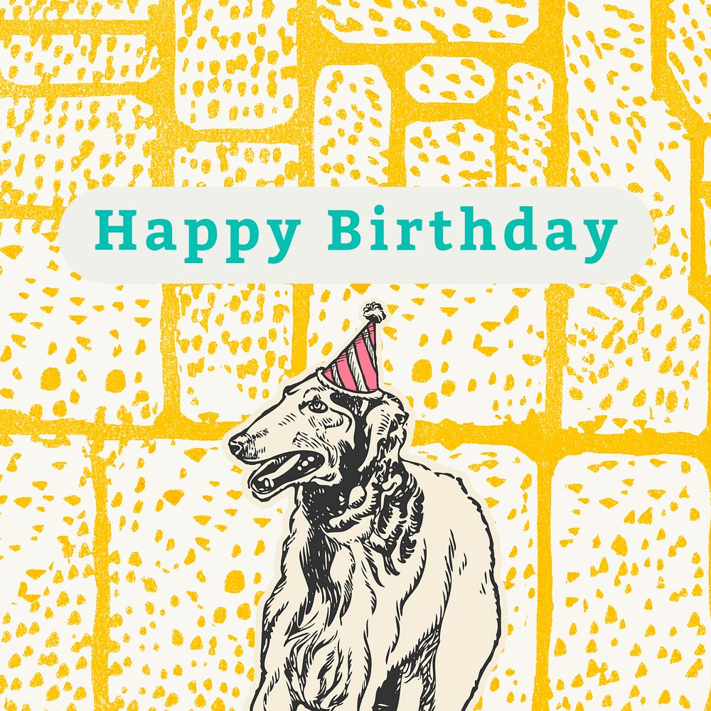 Happy birthday Facebook post template, dog illustration remixed from artworks by Moriz Jung