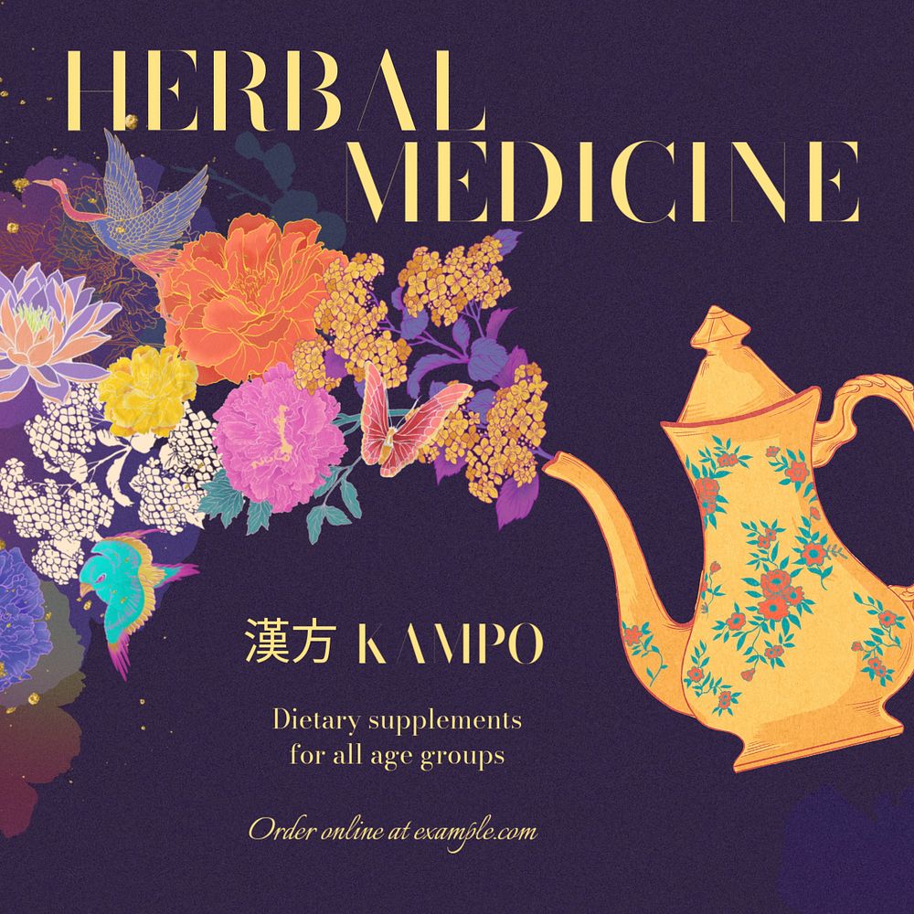 Herbal medicine Facebook ad template, customizable Ukiyo-e art remix design