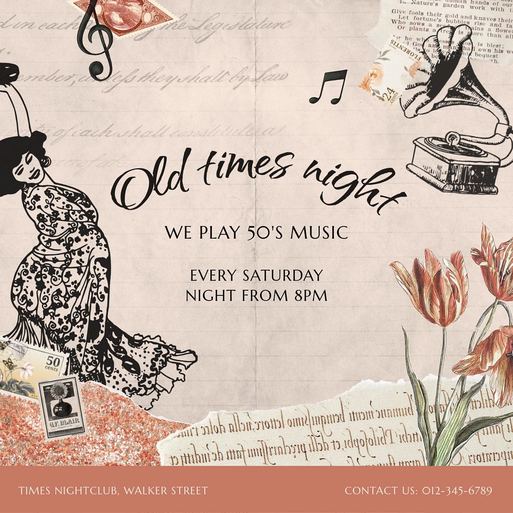 Music party Facebook post template, vintage ephemera remix