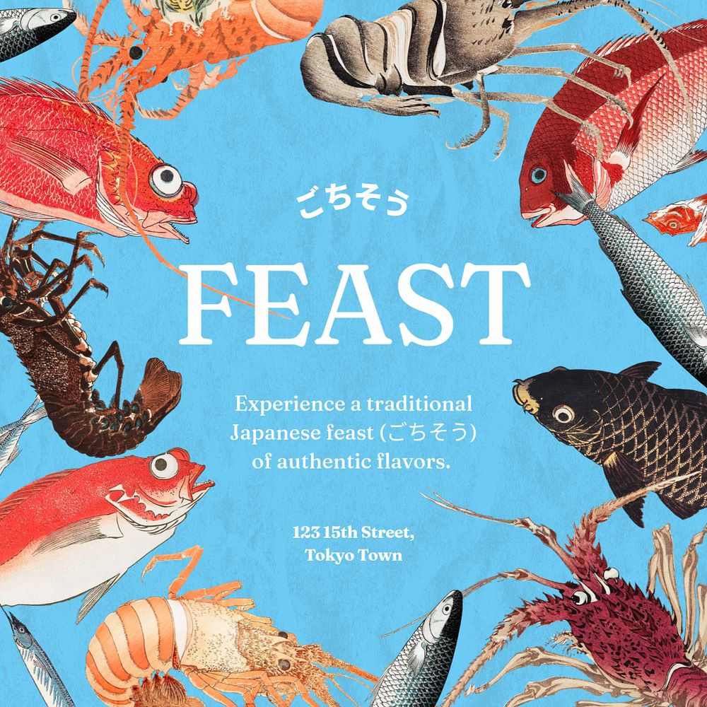 Seafood buffet Facebook ad template, customizable Ukiyo-e art remix design