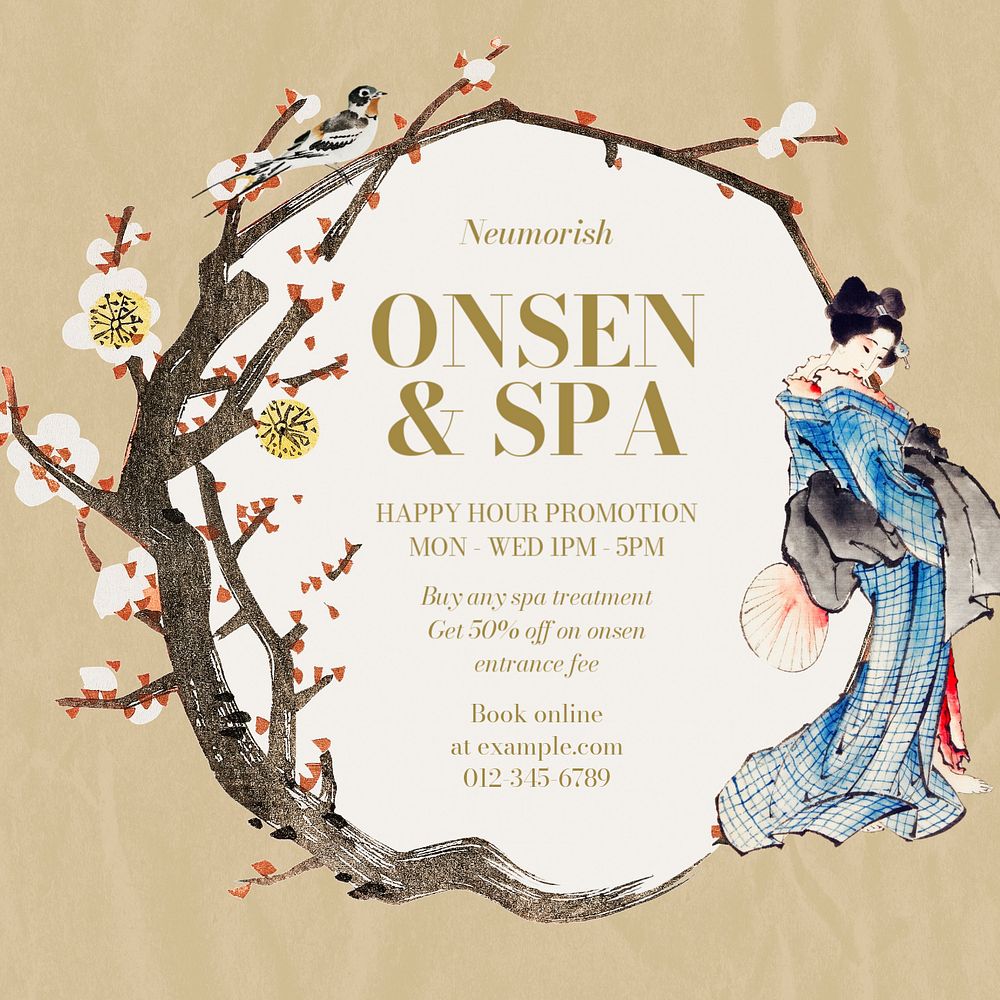 Japanese Onsen Facebook ad template, customizable Ukiyo-e art remix design