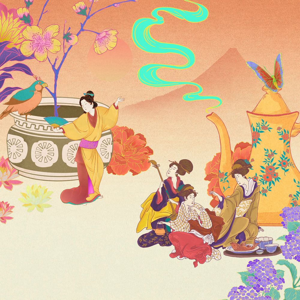 Editable vintage Japanese female performers ukiyo-e remix