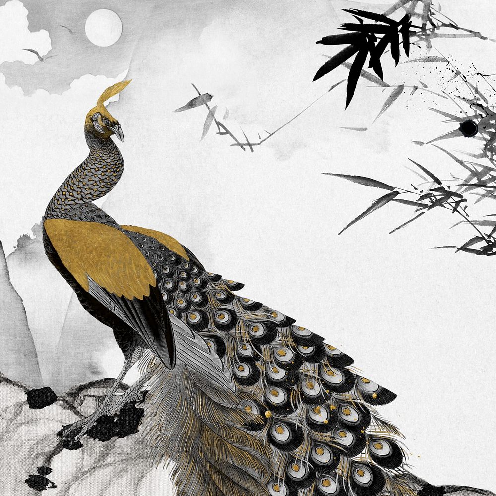 Aesthetic vintage Japanese peacock background, editable design