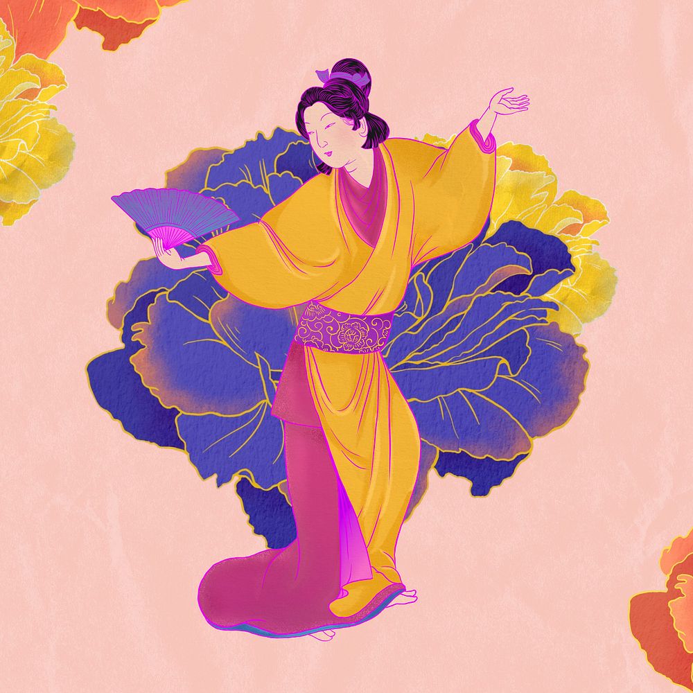 Editable vintage Japanese traditional dance, female performer ukiyo-e remix