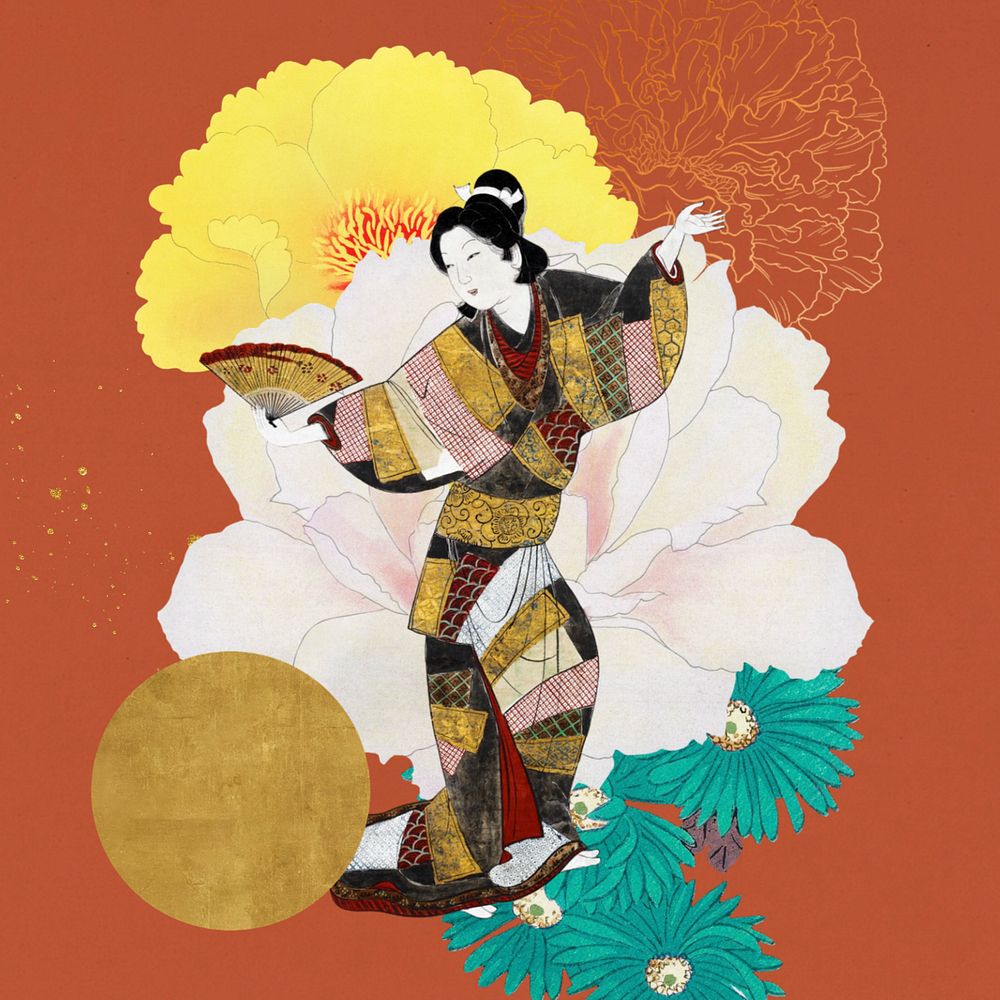 Editable vintage Japanese traditional dance, female performer ukiyo-e remix