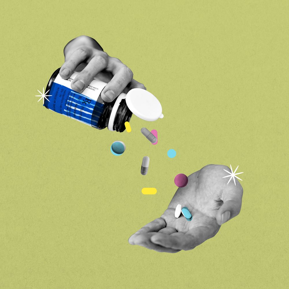 Editable mental health, taking pills collage remix