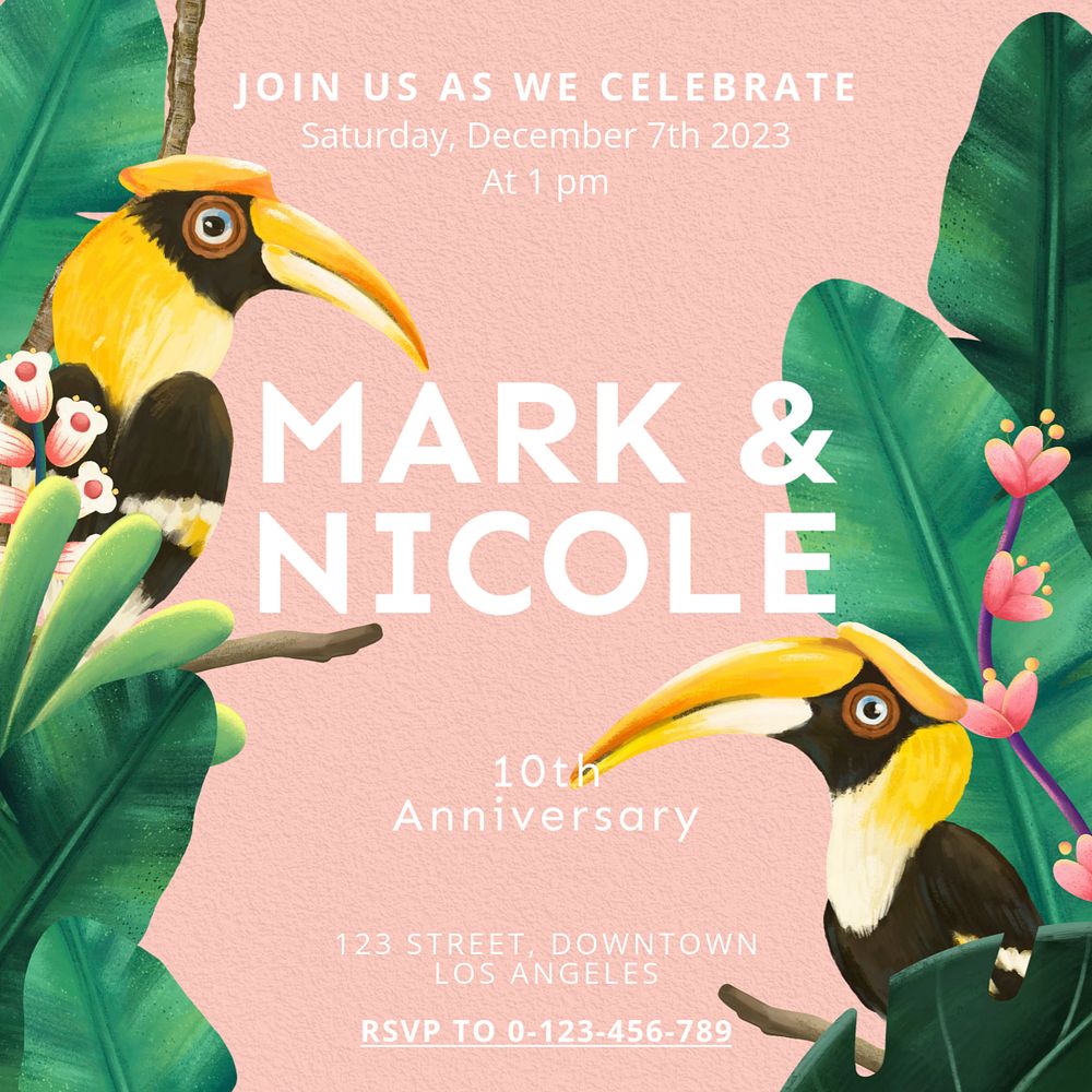 Wedding anniversary Instagram post template, editable hand-drawn nature