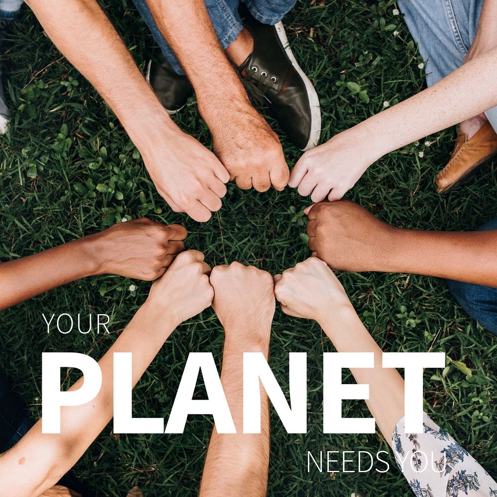 Environment template, social media post with hand saving the planet