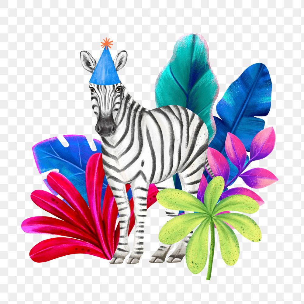 Hand-drawn zebra wearing a party hat sticker, editable wildlife element remix