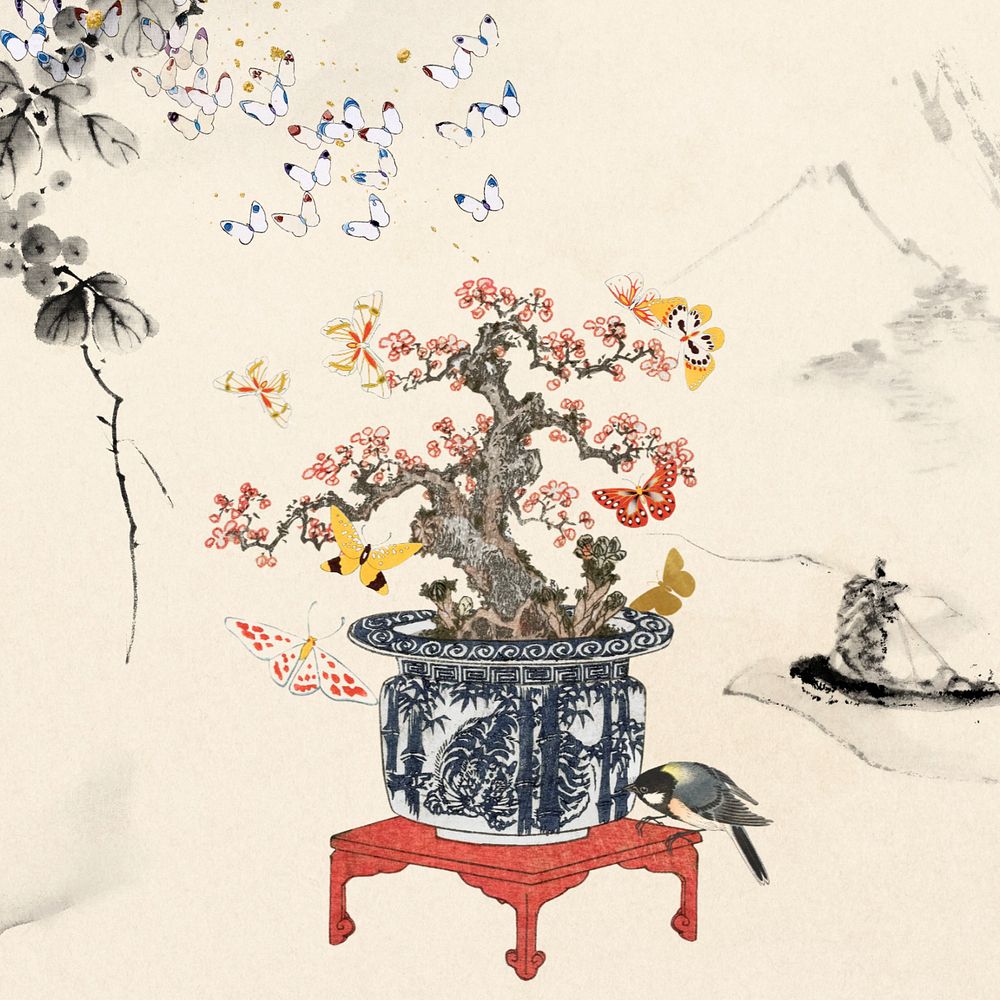 Customizable vintage Japanese bonsai, ukiyo-e remix design