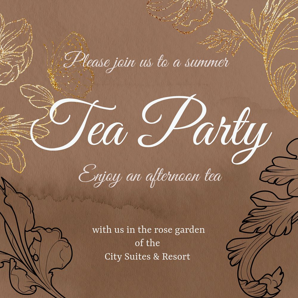 Tea party Instagram post template, editable floral brown design