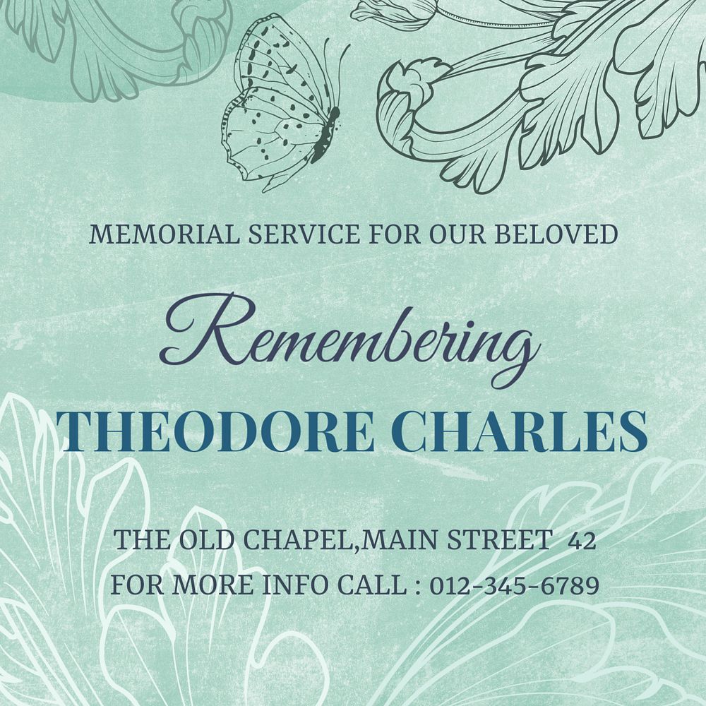 Funeral invitation Instagram post template, editable floral green design