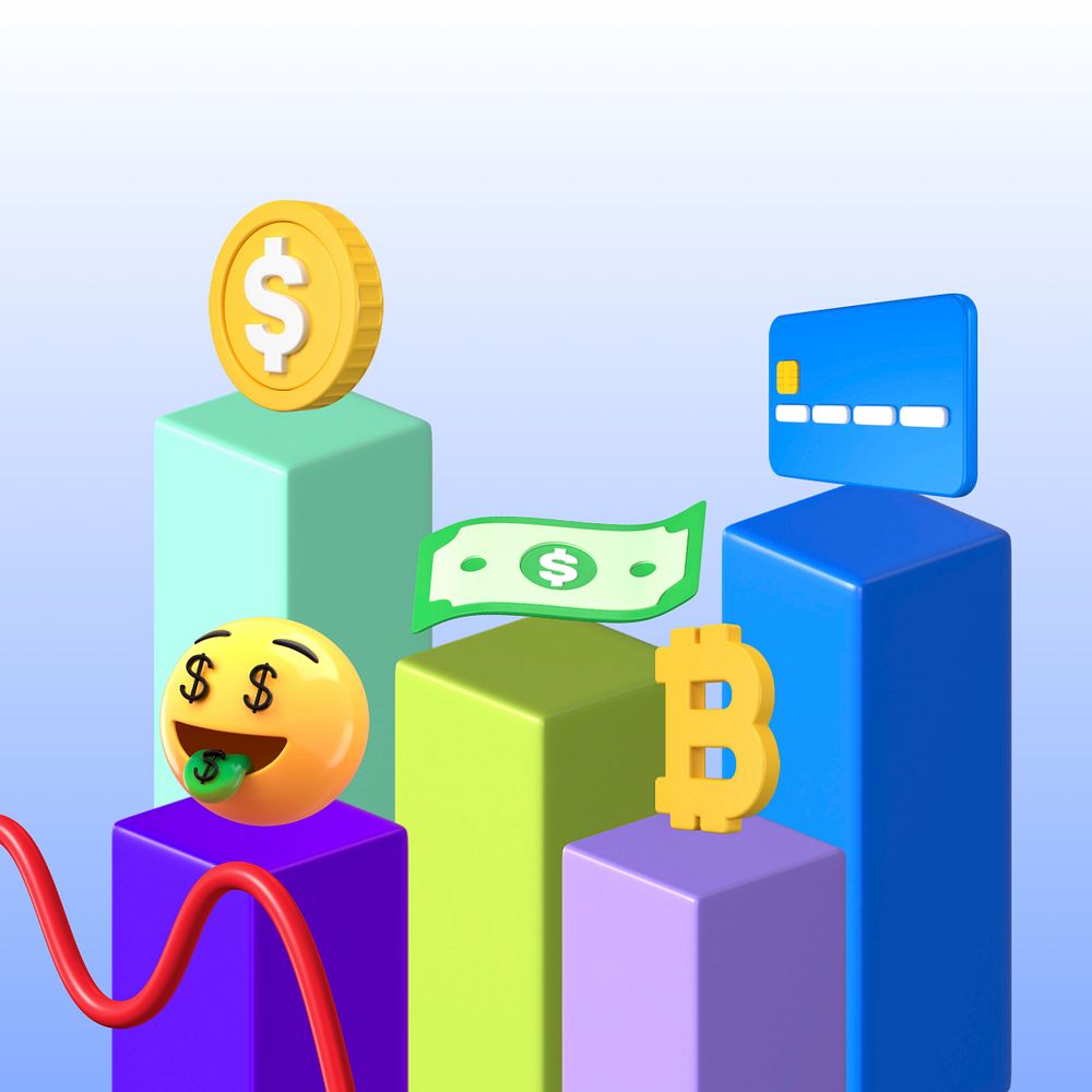 Growing revenue emoticons, 3D business graphics, editable design