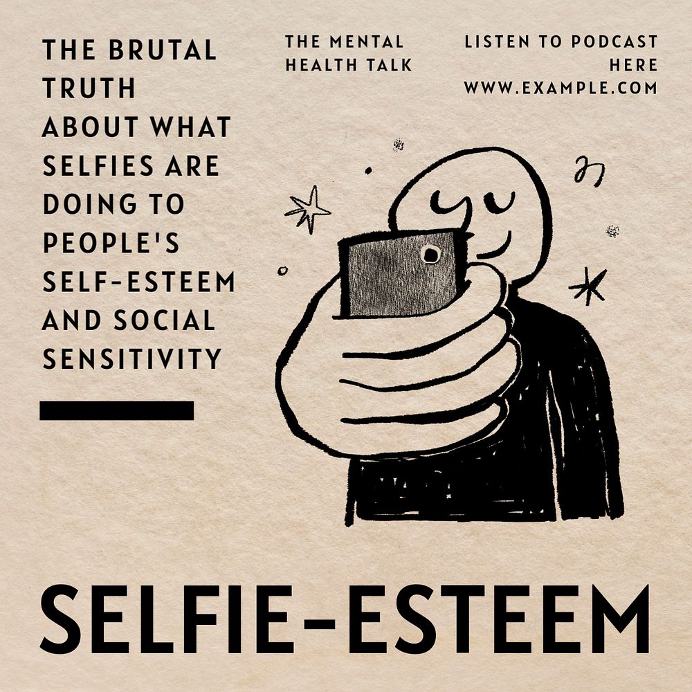 Selfie-esteem doodle Instagram post template, editable design