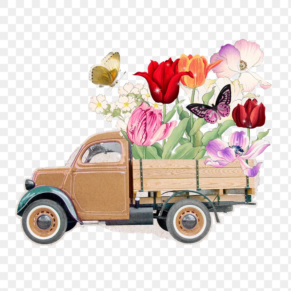 Flower delivery truck sticker, editable spring collage element remix design