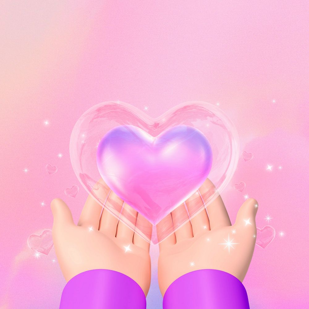 Hand presenting heart background, pink 3D aesthetic, editable design