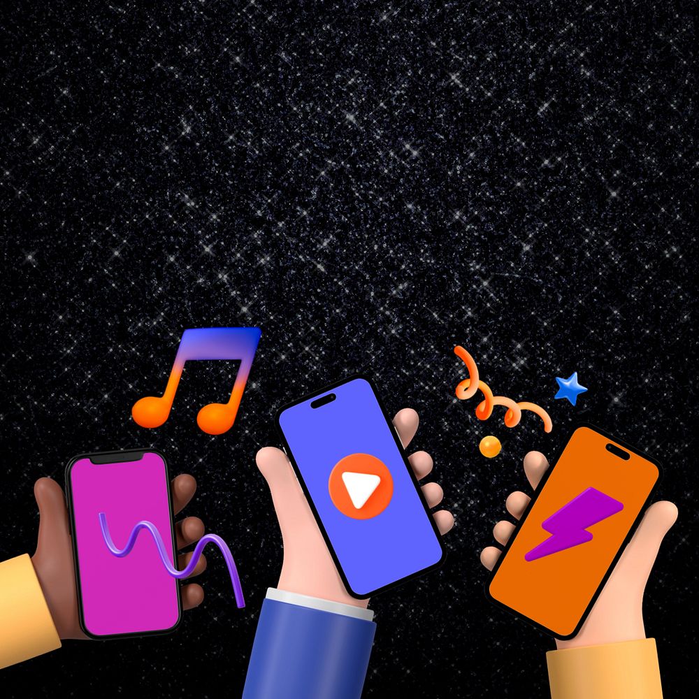 Music lovers background, hands holding smartphones illustration, editable design