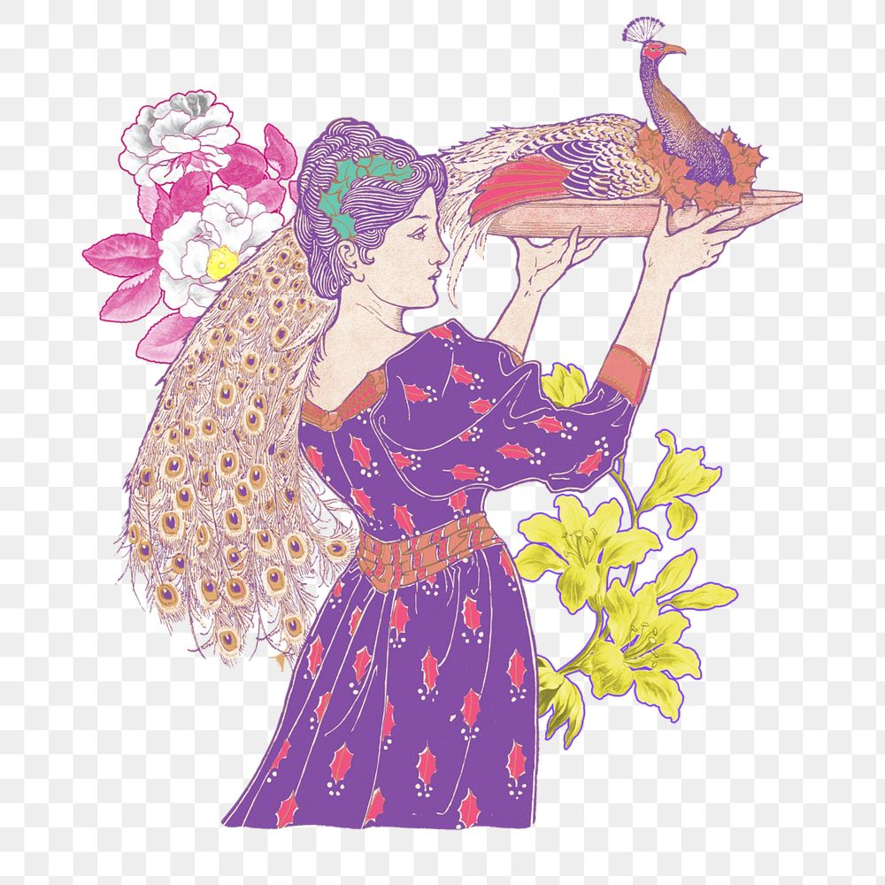 Woman carrying peacock sticker, vintage illustration, remixed from the artwork of Louis Rhead, editable design