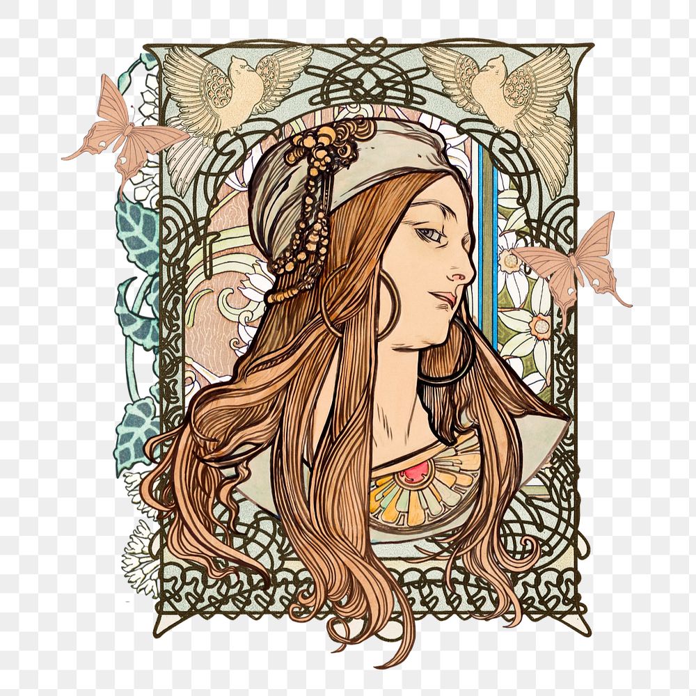 Art nouveau lady sticker, Alphonse Mucha's vintage artwork, remixed by rawpixel, editable design