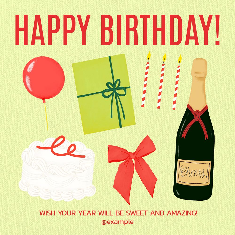 Birthday greeting Instagram post template, editable digital painting remix