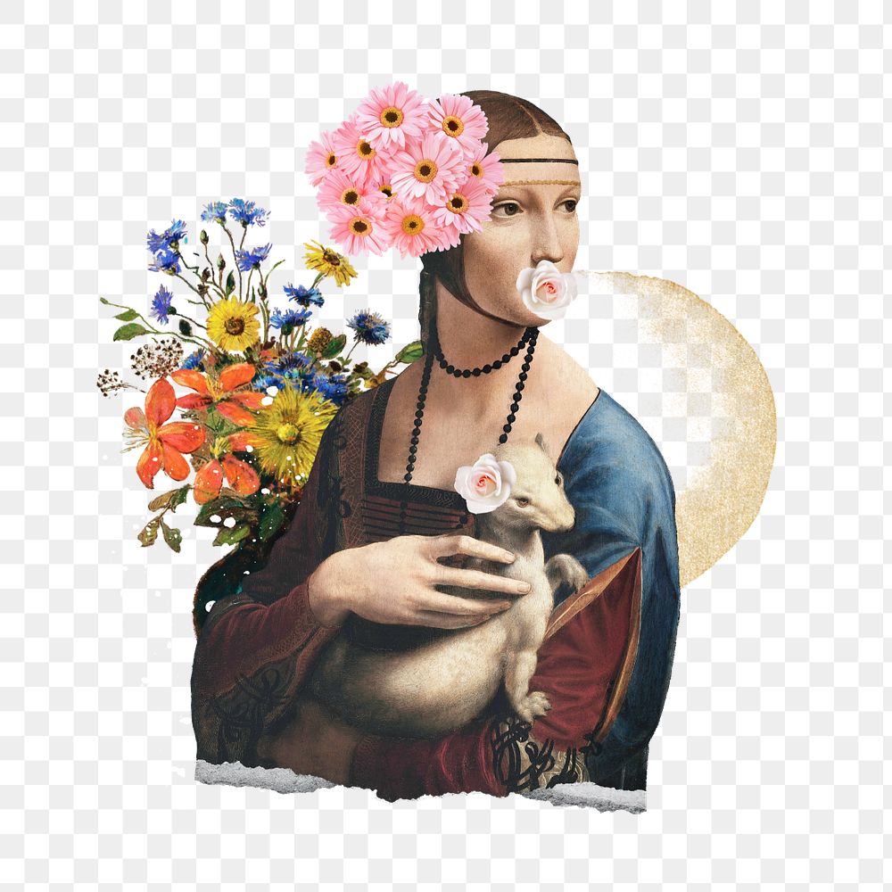 Lady with an ermine sticker, mixed media editable design. Remixed by rawpixel.