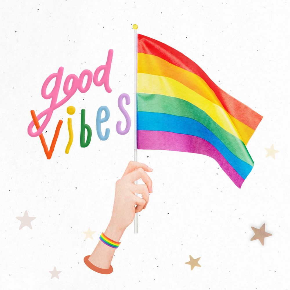 Editable good vibes word, hand waving LGBTQ pride flag collage design