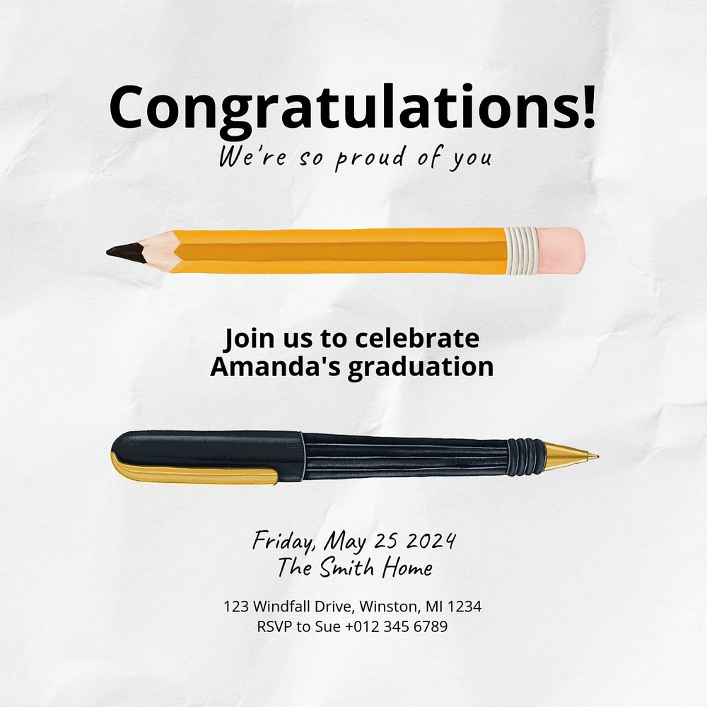 Congratulations Instagram post template, editable education digital painting remix