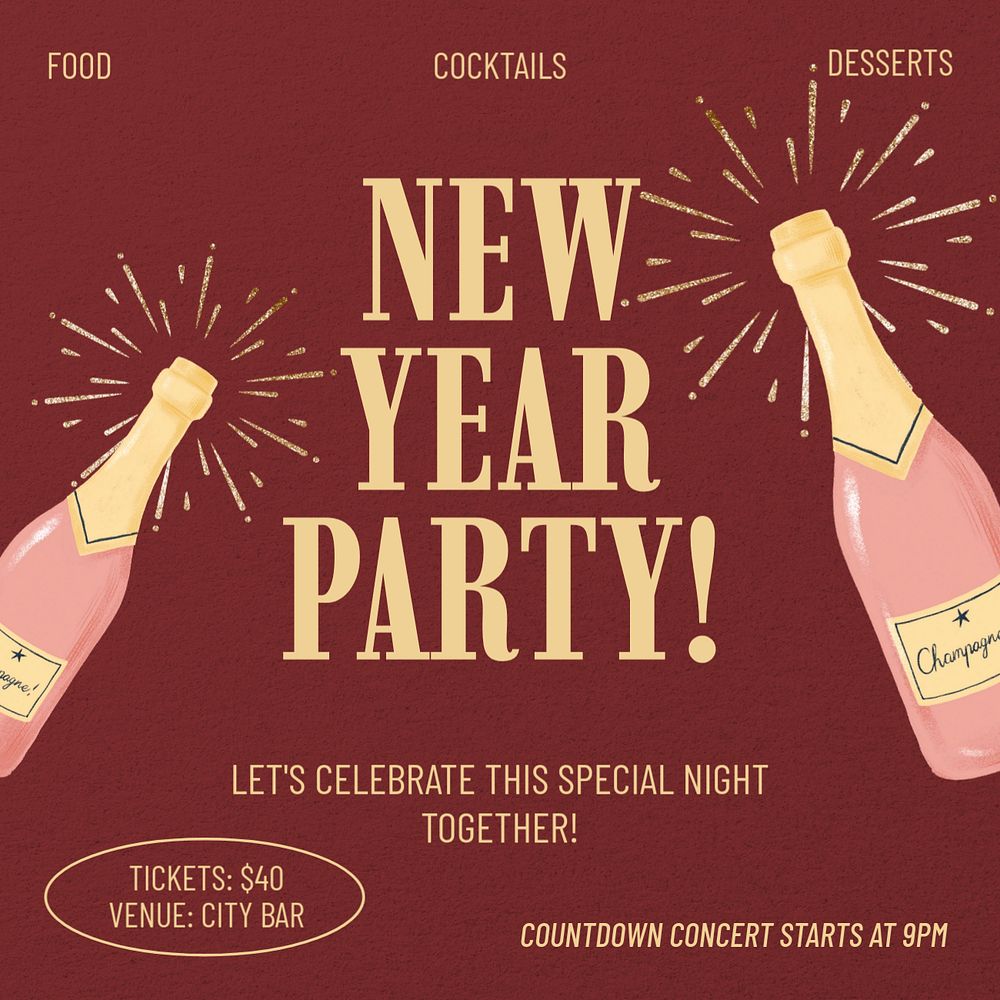 Champagne bottles Instagram post template, editable digital painting remix