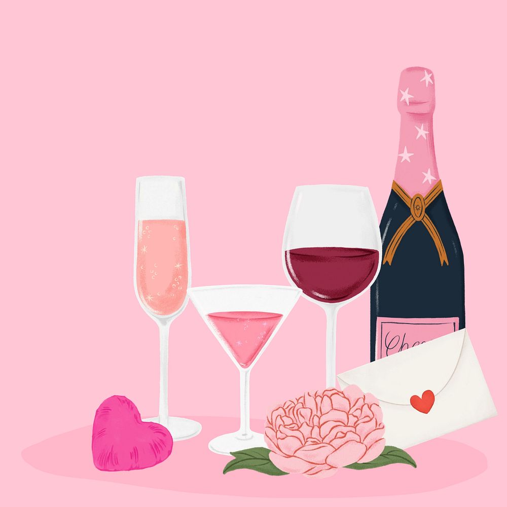 Anniversary celebration drinks, editable aesthetic Valentine's digital painting remix