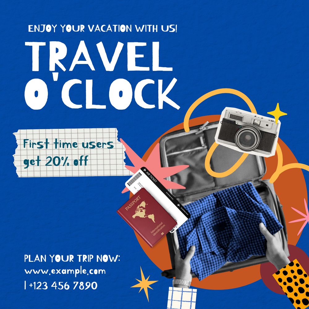 Travel o'clock Instagram post template, editable social media design