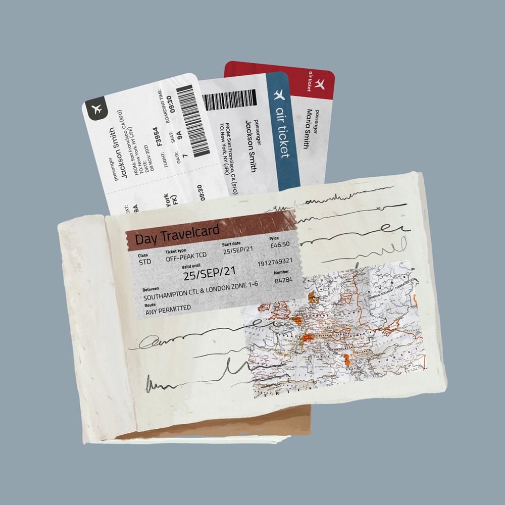 Aesthetic travel, editable flight tickets collage design