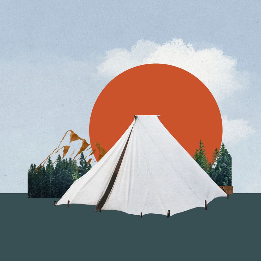 White camping tent, editable travel collage design