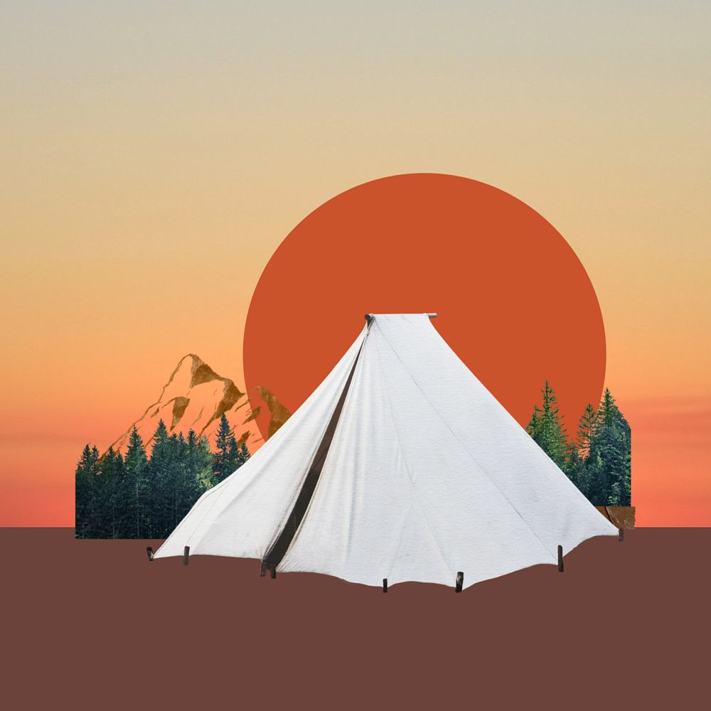 Aesthetic white camping tent, editable travel collage design