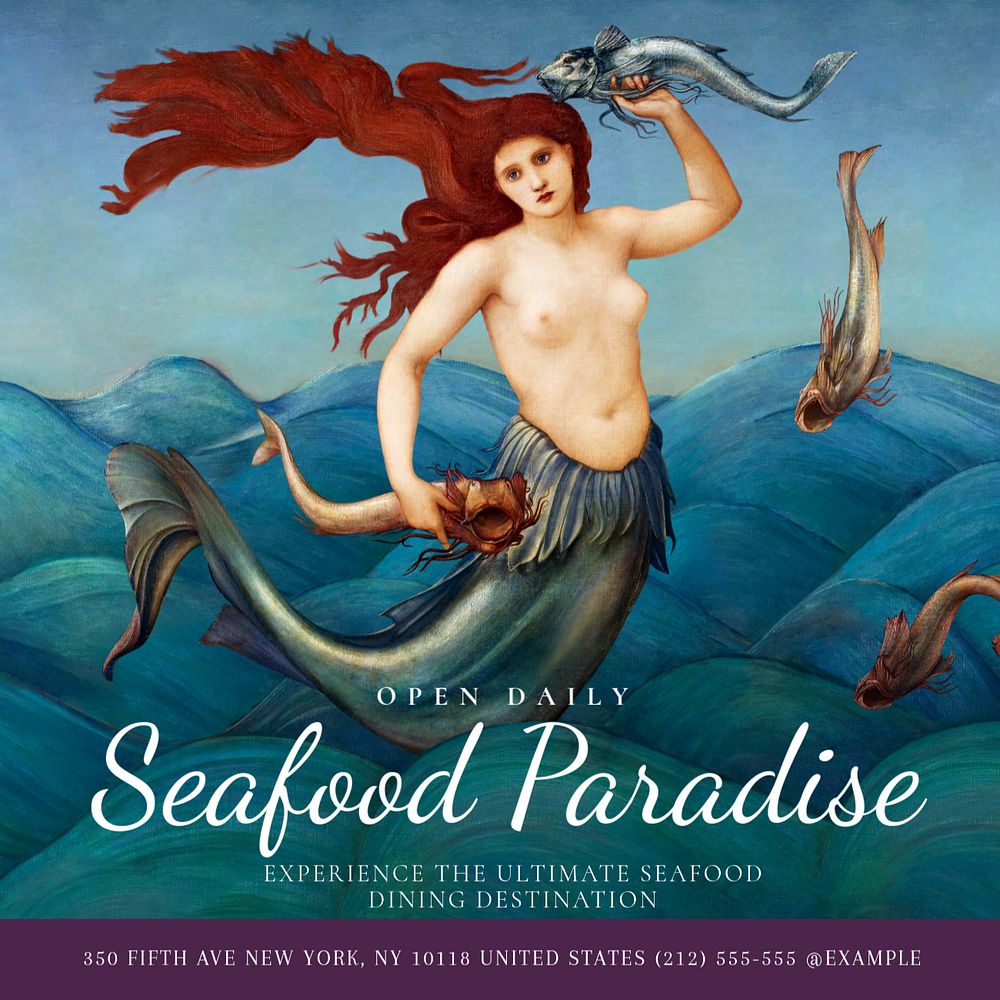 Seafood restaurant Instagram post template, editable design. Artwork by Edward Burne-Jones, remixed by rawpixel.