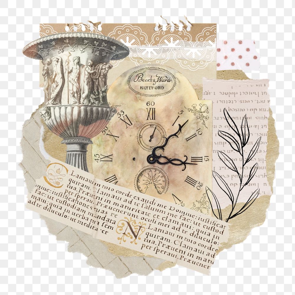 Antique objects collage png sticker, ephemera style, editable design