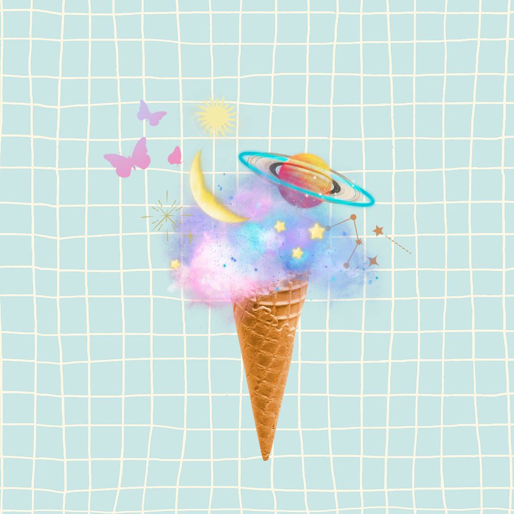 Galaxy ice-cream cone, surreal space collage, editable design