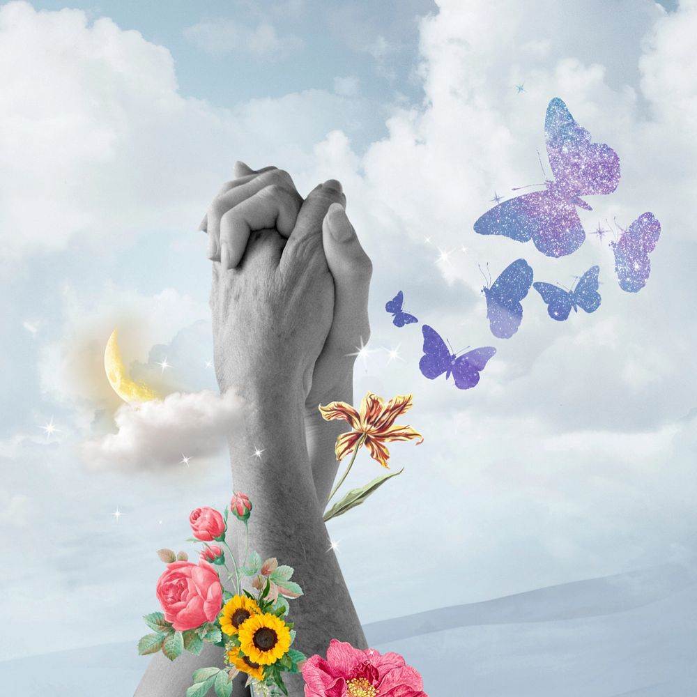 Couple holding hands, surreal flower remix, editable design