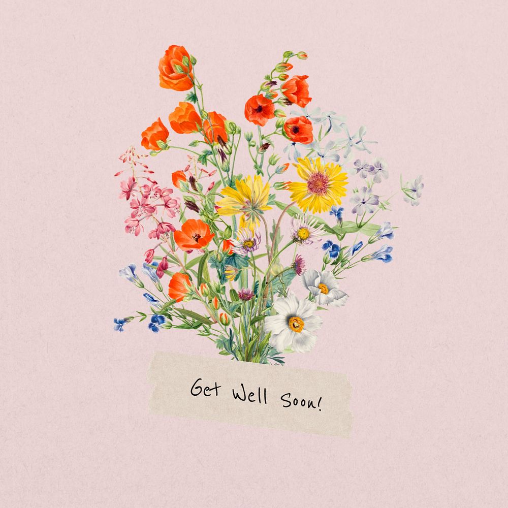 Get well soon greeting, aesthetic flower bouquet collage art, editable design