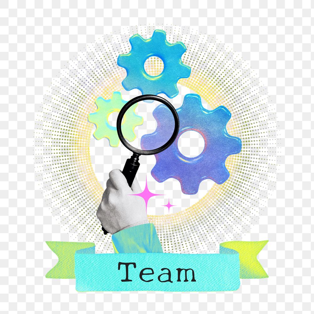 Team cogwheel png element, editable gradient holographic collage remix