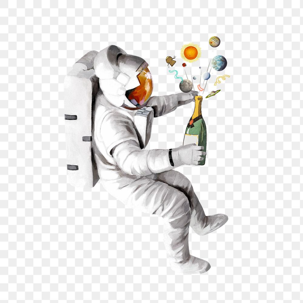 Astronaut holding champagne bottle png