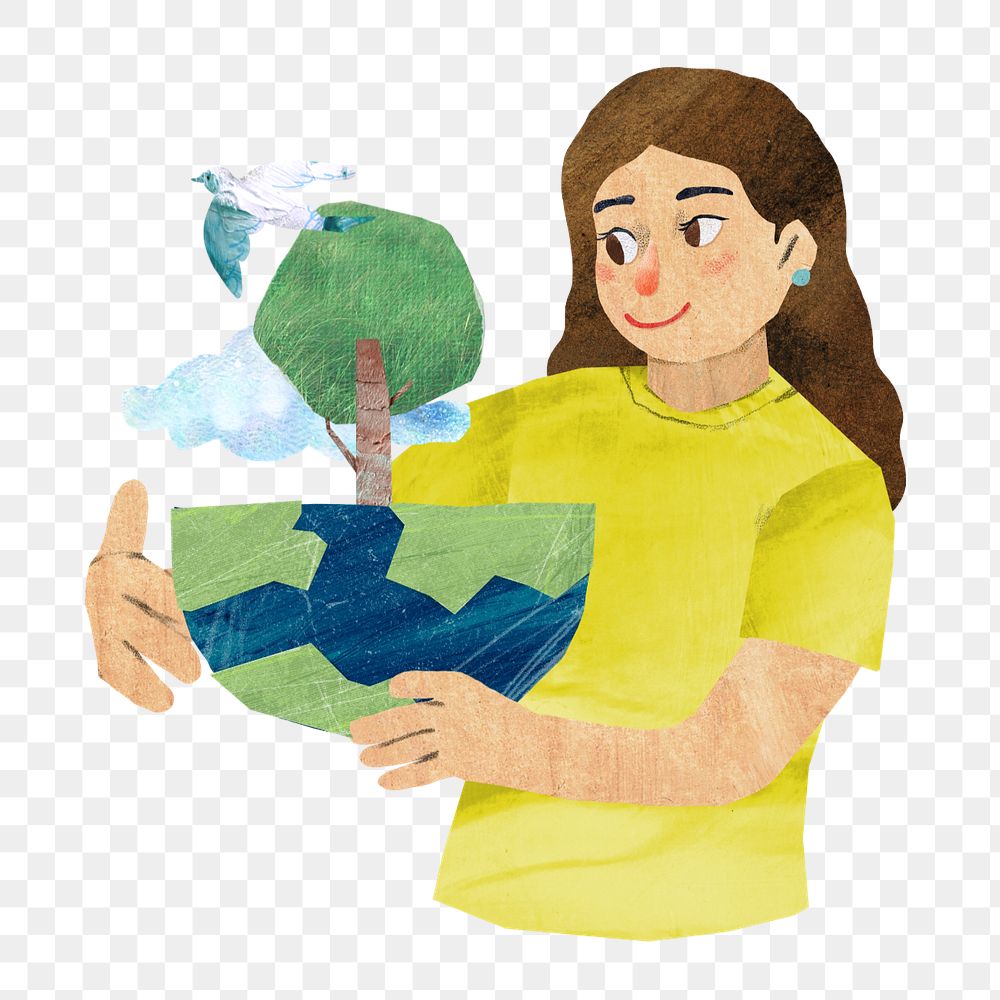 Woman hugging globe paper craft, editable design