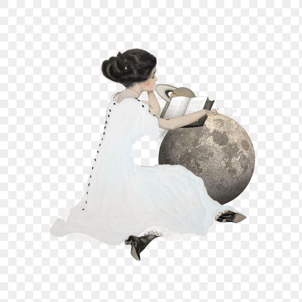 Girl reading on moon png, surreal education editable remix