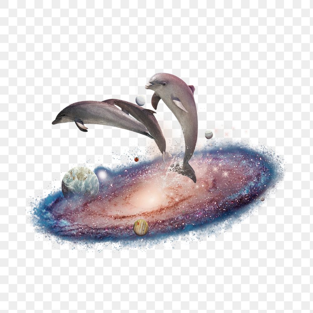 Swimming dolphins png, galaxy aesthetic editable remix